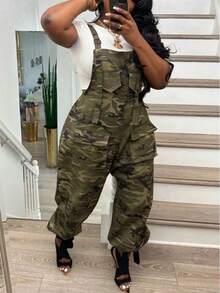 European And American Street Y2K Fashion Women's Clothing Loose Camouflage Overalls With Tapered Pants And Suspenders, No Sleeveless Work Clothes. - Army Green - View 2