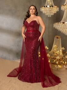 Faeriesty Women's Glamorous Plus-Size Off-The-Shoulder Evening Gown With Sparkling Sequin Embellished – Perfect For Galas, Receptions, Balls, Ceremonies - Burgundy - View 3