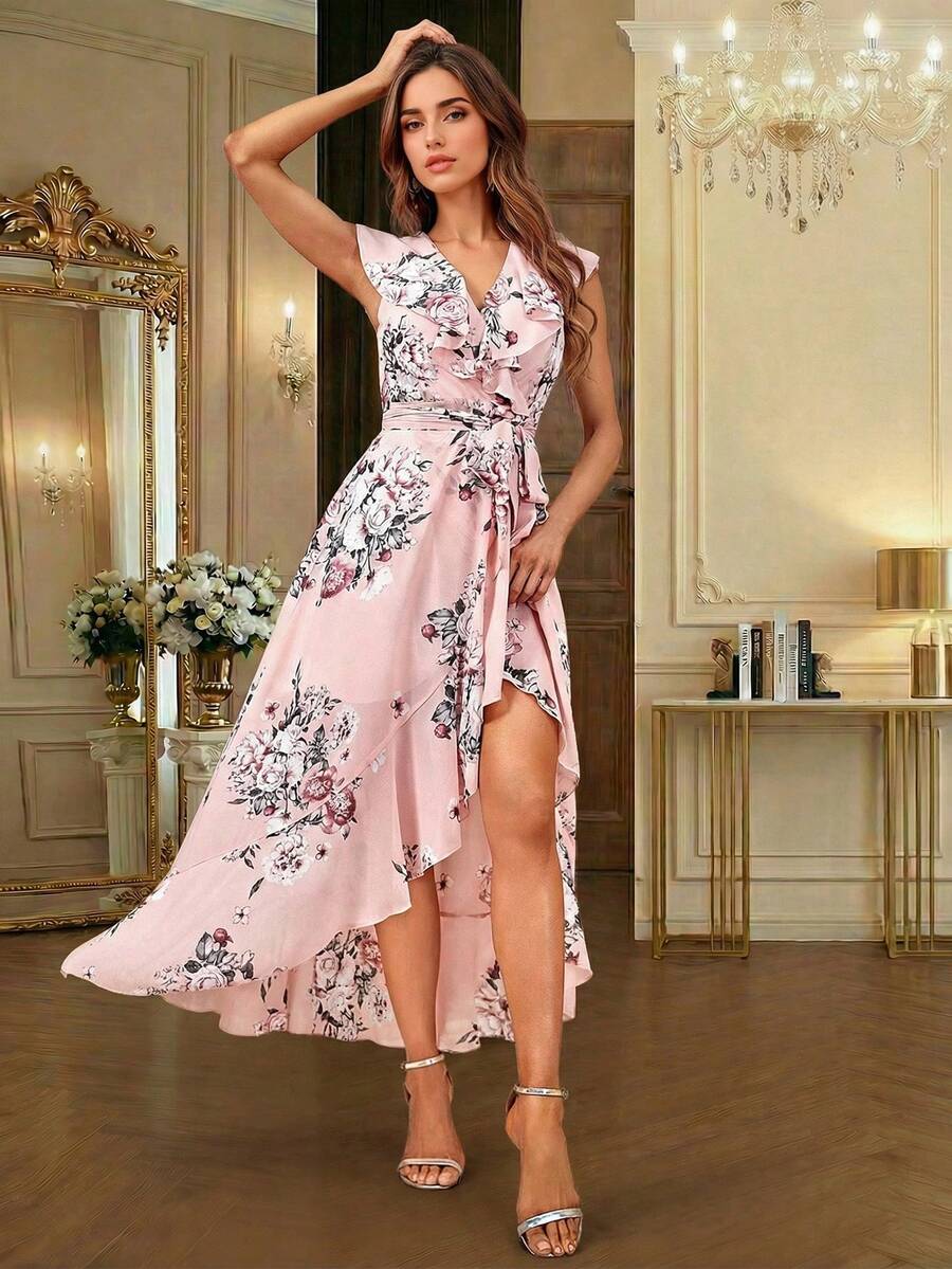 女士优雅印花中长连衣裙，V领，短袖，系带腰身，不对称荷叶边下摆 - 淺粉色 - 查看 1