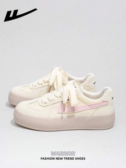  1 par de Zapatos casuales de suela gruesa con cordones para mujer WARRIOR, zapatos planos de exterior de puntera redonda con tacón bajo antideslizante de unicolor elegante y suela blanda, adecuados para estudiantes, fotos de graduación, zapatos planos, zapatillas de cuero de caña baja