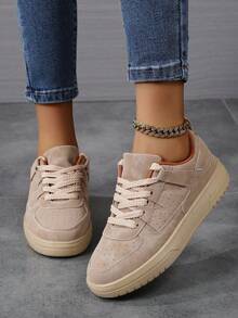 低帮女鞋运动鞋，休闲板鞋，运动鞋，学生鞋，时尚撞色系带设计，透气柔软，适合所有季节 - 卡其色 - 查看 2