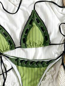 New Arrival Spring/Summer Sexy Lace Spaghetti Strap Fixed Striped Print Bikini Swimwear For Women, Beach & Pool Party - Green - View 5