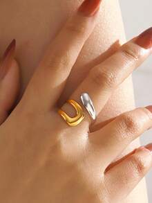 1pc 18K Gold Plated Stainless Steel Adjustable Dual-Tone Ring, Suitable For Daily Outfit, Bohemian Style, Gifts, Valentine's Day - Multicolor - View 4