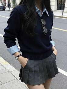 Autumn/Winter Sweater Design Layered Long Sleeve Knit Sweater - Navy Blue - View 7