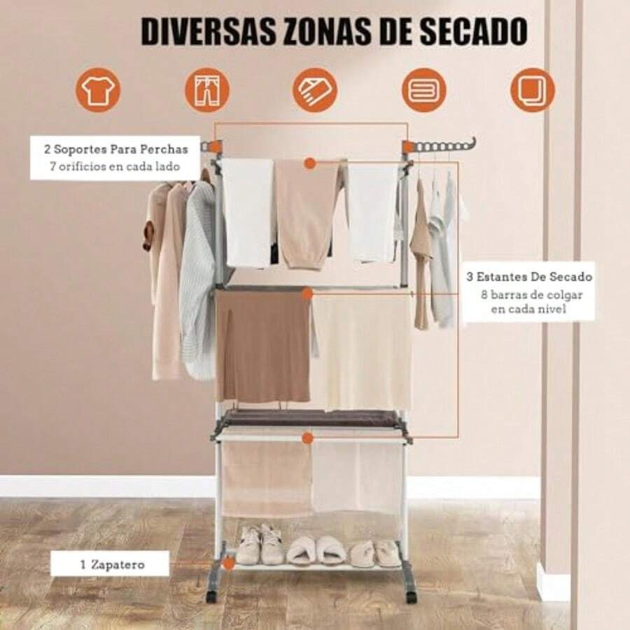 Tendedero Plegable para Ropa4 Niveles Tendedero Vertical Retráctil Movible y Ajustable Estante Secado Ropa con Alas Laterales y Ruedas Soporte Tendedero Ahorra Espacio para Interiores y Exteriores - Gris - Ver 1