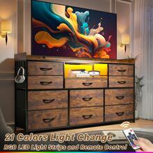 EnHomee Dresser For Bedroom With 11 Drawers 60" TV Stand With LED Lights & Charging Station Long Dresser With Shelves & 4 Hooks,Sturdy Metal Frame & Fabric Drawers - 查看 6