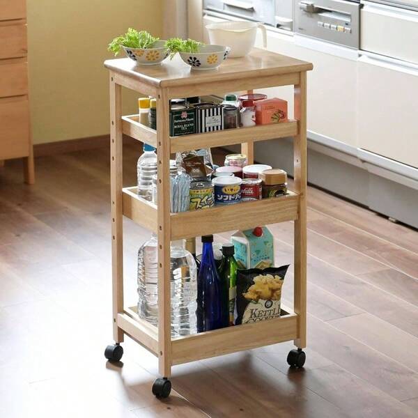 ワゴン キャスター付き 3段 (折りたたみ) キッチン 作業台 幅45×奥行40/62×高さ85㎝ 棚板高さ調節 バタフライ テーブル 調味料ラック 組立品 天然木 ミッドブラウン ABW - 8560(MBR)