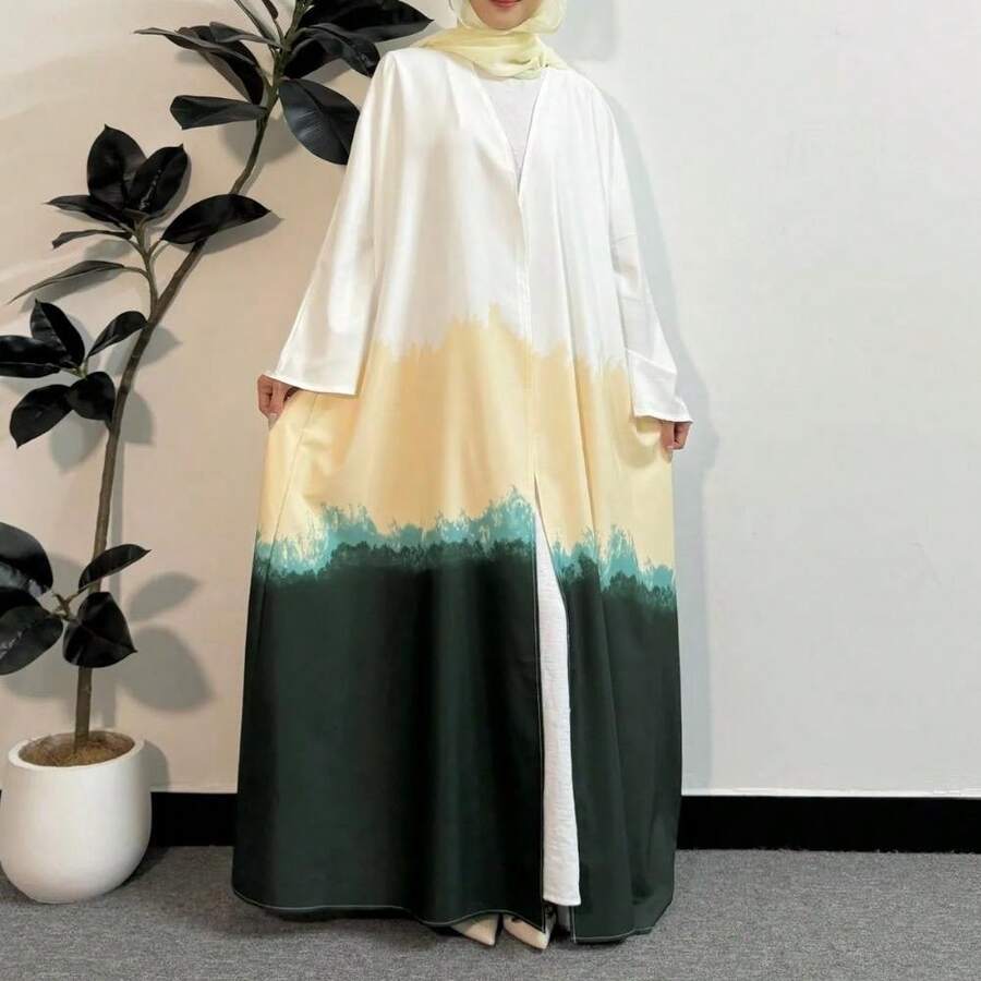 Long Sleeve Abaya Cardigan Collar Abstract Print Long Non-Stretch Muslim Dress - Dark Green - View 1