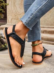 Women's Fashion Sequin Flat Sandals, Lightweight Comfortable Minimalist Open Toe Casual Outdoor Beach Flat Sandals For Spring/Summer - Black - View 7