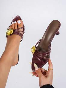 2026 Frühling/Sommer Neue Strass Metallic Blumen Offene Zehe Riemchen Sandalen, Spitze Zehe Party High Heels - Bordeaux - Übersicht 8