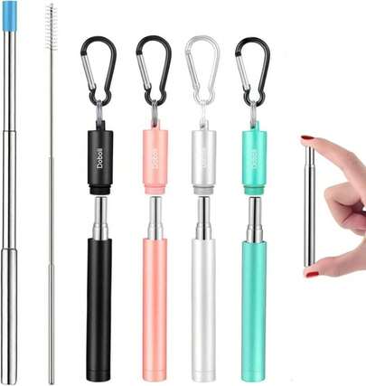 4 Pack Reusable Metal Straws Collapsible Stainless Steel Drinking Straw Travel Portable Telescopic Straw With Case For Cruise Ship Essentials Black-Rose Gold-Silver-Turquoise