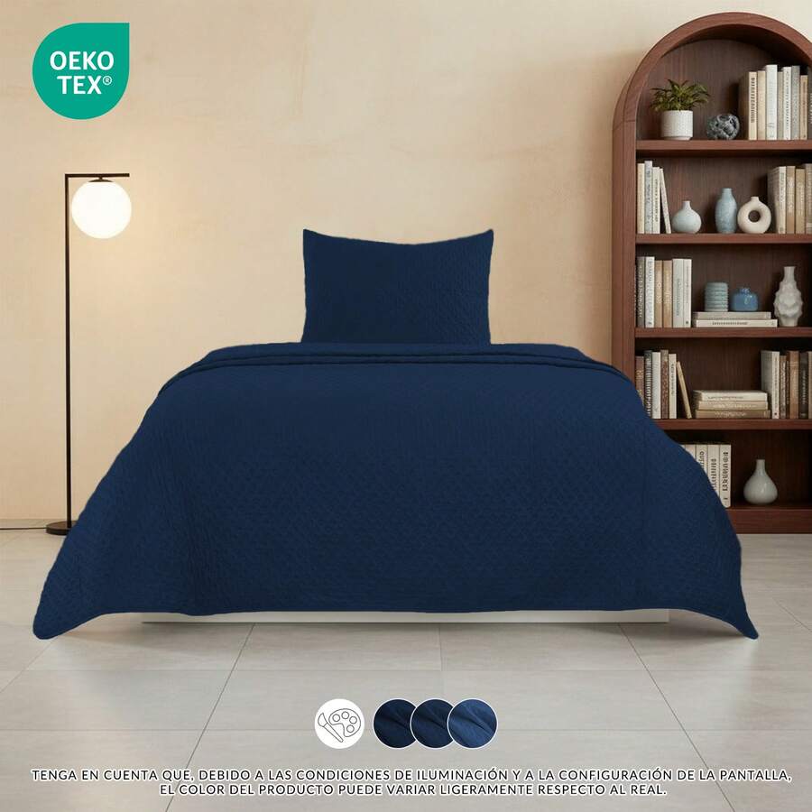 1 Juego De Colcha Boutí Liso 2-3 Piezas 5 Colores Diferentes Para Todas Las Estaciones -5 Medidas: Camas De 90cm, 105cm, 135cm, 150cm y 180cm- - Azul Marino - Ver 1