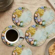 6pcs/Set Vintage Easter Rabbit & Egg Design Round Wooden Coasters/Placemats, Kitchen, Dining, Home Decor Accessories, Best Gift For Friends And Family On Easter, Back To School, Spring, Valentine's Day, Wedding Party - Multicolor Upgrade - View 4