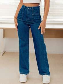 Pantalón de Mezclilla Mujer Jeans de Wide Leg Pierna Ancha Corte Recto Tiro Alto - Azul Marino - Ver 2