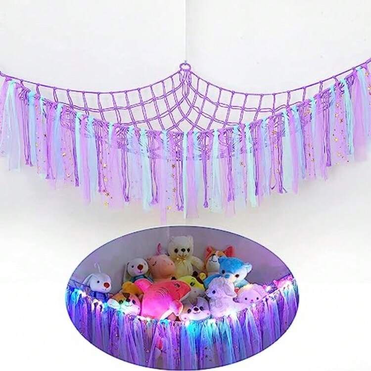 CYPNRed de Animales de Peluche O Hamaca con Luz LED Hamaca de Juguete para Colgar Animales de Peluche Organizador de Almacenamiento Decoración de Habitación con Borlas para recámara de los niños PúrpuraFashion - 221176506 - Añade 3