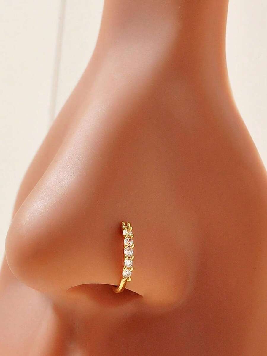 SZPR 1pc Copper & Cubic Zirconia Decor Luxury & Simple Nose Ring For Women Party Gift Copper Jewelry - 銀色 - 查看 1