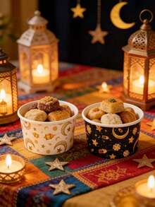 10个黑色和金色纸质月亮星星杯，一次性纸碗，月亮星星灯笼图案纸质食品托盘，适用于厨房用品、家庭聚会、野餐、餐厅、中东节日派对、新月主题派对装饰 - 彩色 - 查看 3