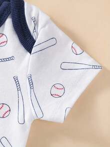 Boys' 5-Piece Jumpsuit Set, Triangle Design, Short Sleeves, Baseball Sports Print, Soft And Comfortable Cotton Jumpsuit, Ideal For Outdoor Activities. - 淺灰色 - 查看 7