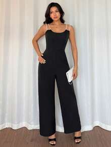 1pc Women's Spring/Summer Pearl Strap Colorblock Jumpsuit, Elegant Fitted Waist Design For Date, Commute, Everyday Wear - Black - View 1