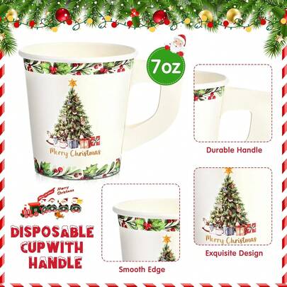 Maxcheck Pieces Paper Cups With Handle Oz Holiday Disposable Cups Drinking Hot Chocolate Coffee Cup Xmas Daily Use Bar Accessories Party Decoration (Tree) R2UV