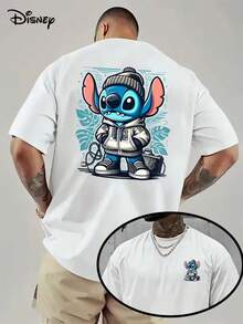 Disney Shi Diqi Series Men's Pattern T-Shirts -,Stitch Street Style, Graffiti, Cartoons, Interesting T-Shirts, Round Neck Spring And Summer Tops, Suitable For Both Men And Women, Summer Birthday Clothes, Playful Design, Medium Elasticity, Comfortable Fit, Spring Fashion, Breathable Materials, Lovers' Clothes. - trắng - Xem 1