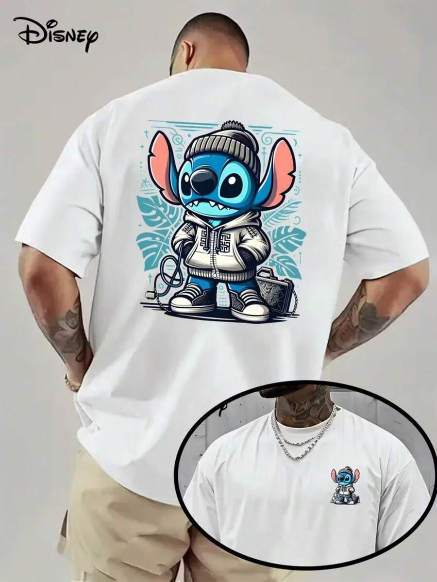 Disney Shi Diqi Series Men's Pattern T-Shirts -,Stitch Street Style, Graffiti, Cartoons, Interesting T-Shirts, Round Neck Spring And Summer Tops, Suitable For Both Men And Women, Summer Birthday Clothes, Playful Design, Medium Elasticity, Comfortable Fit, Spring Fashion, Breathable Materials, Lovers' Clothes. - trắng - Xem 1
