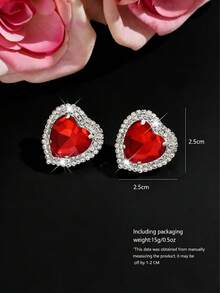 一对心形耳环，镶嵌红色水晶水钻，闪亮派对配饰，适合情人节庆祝活动和正式场合 - 彩色 - 查看 7