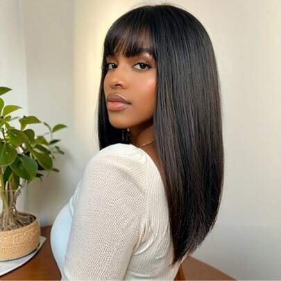 MECRY Elegant Black Synthetic Wig With Bangs - Medium Straight, Heat-Resistant, Natural Look For Cosplay & Daily Wear, 150% Density, Adjustable Cap