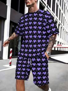 Artistic Black And Purple Textured Men's Sports Short-Sleeve Beach Pants Set. Drawstring Detail Design. Made Of Slightly Stretchy Polyester Fabric. Lightweight, Comfortable, Machine Washable All Year Round. Sporty And Casual Style. - 彩色 - 查看 3