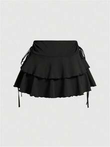 Women's Drawstring Bow Side Skirts Tiered Layer Ruffle Elastic Waist Y2K Coquette Short Skirts - 黑色 - 查看 2