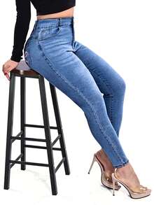Y2K High-Waisted Slim Fit Jeans With Embroidered Bow & Metal Decor Details, Highlighting Feminine Charm, Versatile For All Seasons Casual - Medium Blue - View 6