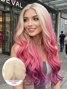 Perucă ondulată galbenă Ombre de 26 de inci, perucă sintetică multistrat cu aspect natural, păr din fibră de dantelă împletit manual de 13 * 4, potrivită pentru purtare zilnică, petrecere, nuntă, festival de muzică, cadou de Halloween - Multicolor - Vizualizare 2