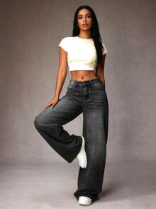 Women's Casual Denim Jeans (Couple Style - Wide Leg Pants), Spring Fashion Denim Pants Suitable For All Seasons, Oversized Charcoal Gray, High Waist, Full Length, Casual Outdoor Pants, Multi-Functional Daily Wear, Valentine's Day Essential Women's Fashion Jeans Single Item Gift, Suitable For Family Leisure, Slimming For Teenagers To Adults, Minimalist Design, Durable Jeans - 深灰*升級旗艦款 - 查看 4