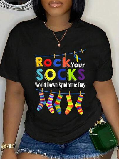 100% Cotton Rock Your Socks Cute 3-21 Trisomy 21 World Day T-Shirt Short Sleeve Round Neck Casual Top For Summer & Spring, Women's Men's Graphic Tee