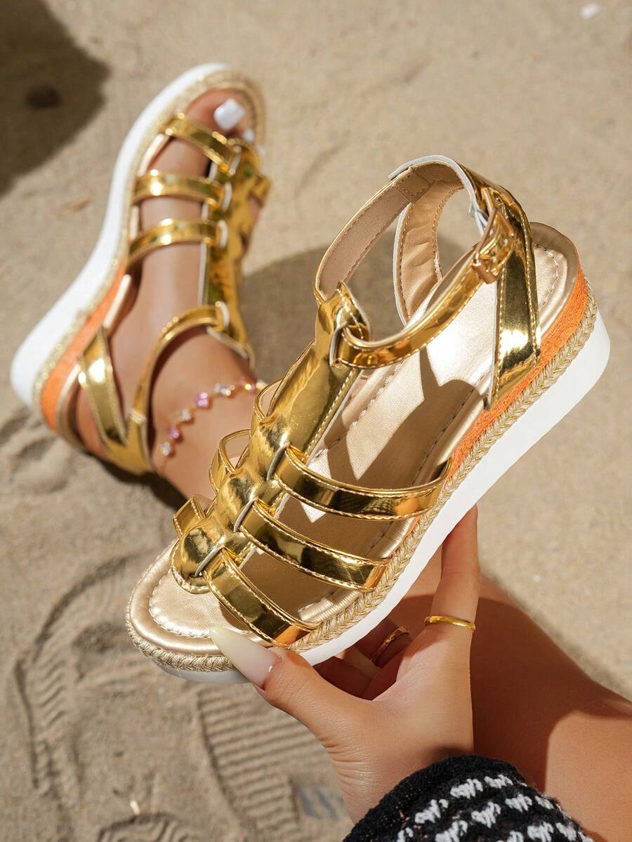 Women's Fashion 2026 Bohemian Style Wedge Thick Bottom Round Toe Adjustable Metal Buckle 5.5CM Rope Bottom Gold Casual Sandals, Women's Retro Adjustable Metal Buckle Gold Roman Shoes, Suitable For Beach, Vacation, Wedding, Daily Wear