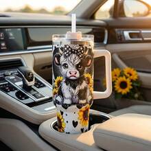40oz Tumbler With Handle And Straw Lid, Stainless Steel Vacuum Insulated Travel Mug, Fits Car Cup Holder, Hot & Cold Drinks, Cute Cow Sunflower Design, Birthday Gift For Women - White - View 4