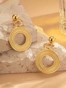 YUNCHUN 1 Pair Golden Fashion Double Hoop Bohemian Style Unique Texture Retro Minimalist Luxury Metal Dangle Earrings, Suitable For Gatherings With Friends, Romantic Festivals, Dates, Street Style, Celebrity Events, Great Gift For Valentine's Day, Mother's Day, Girlfriend - Gold - View 3