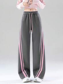 JUTU 灰粉色撞色复古高腰阔腿休闲裤，抽绳腰带，宽松显瘦，百搭长裤，适合春秋冬三季穿着。 - 1A71煙灰拼粉 - 查看 4