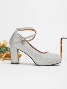 Women's Buckle Design Elegant High Heel Round Toe Chunky Heel Pumps - Silver - View 2
