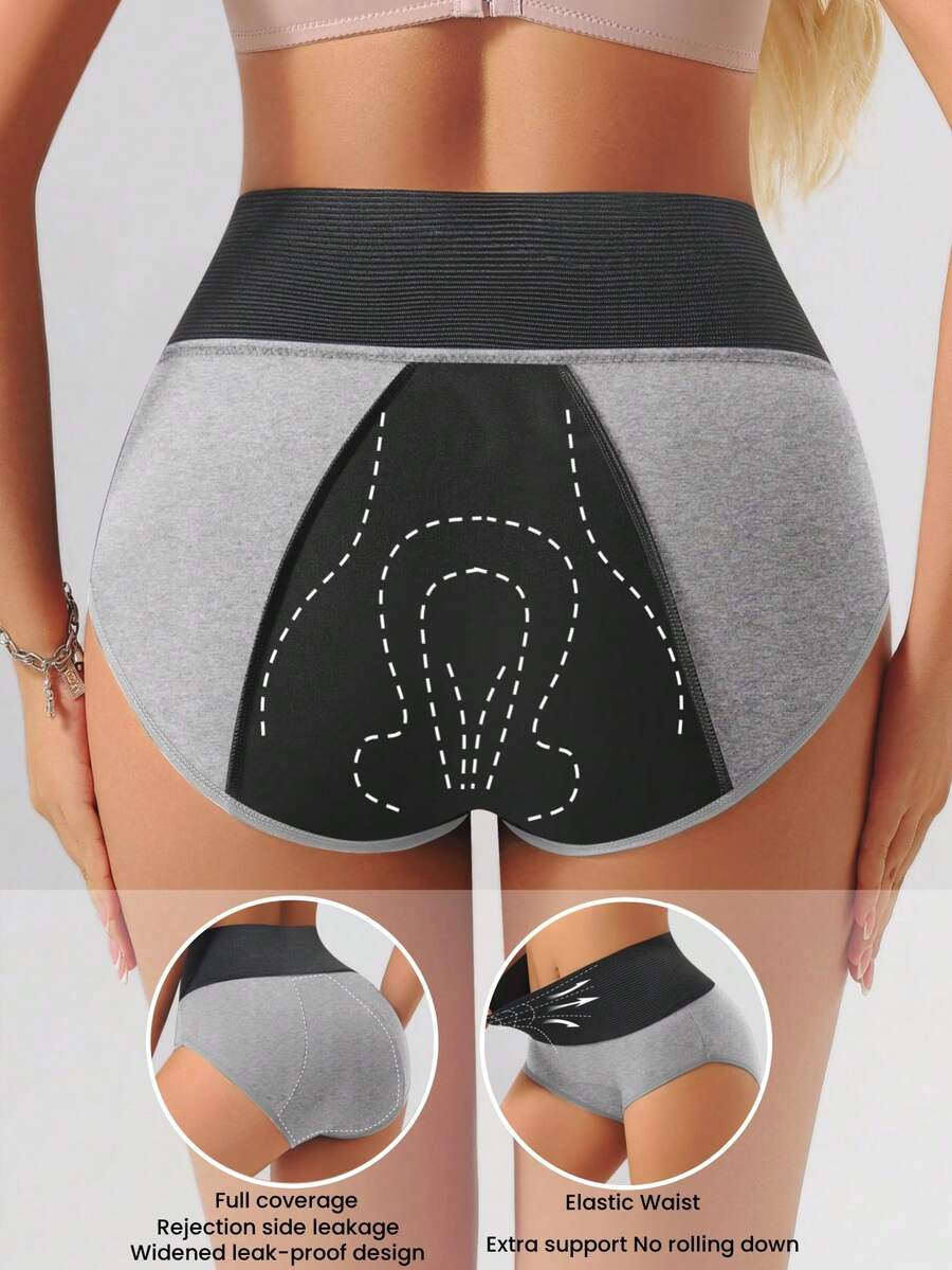 1pc Plus Size Women High Waist Leak-Proof Period Panty, Thicker 3-Layer Shaping Underwear, Comfortable & Full Coverage Triangle Brief - Grey - View 1