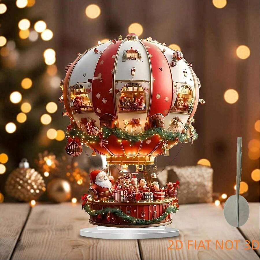 1pc 2D Acrylic Bohemian Style Santa Claus Hot Air Balloon Desktop Decor, Christmas Themed Bohemian Art Piece, Multipurpose Home Living Room Holiday Decoration, Unique Gift Idea