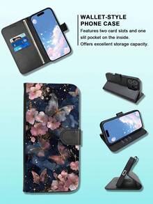 1PC Premium Durable Flip Wallet Phone Case Deep Blue Cherry Blossom Gold Trim Butterfly Art Design Compatible With IPhone 17/16/15/14/13/12 Series (Including Pro Max And Plus Models) With Foldable Stand And Credit Card Slots, Custom Made For Those Who Pursue Fashion And Perfection. - 黑色 - 查看 5