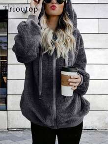 Trioutop Plus Size Solid Color Minimalist Casual Thermal Lined Hoodie Jacket - Grey - View 1