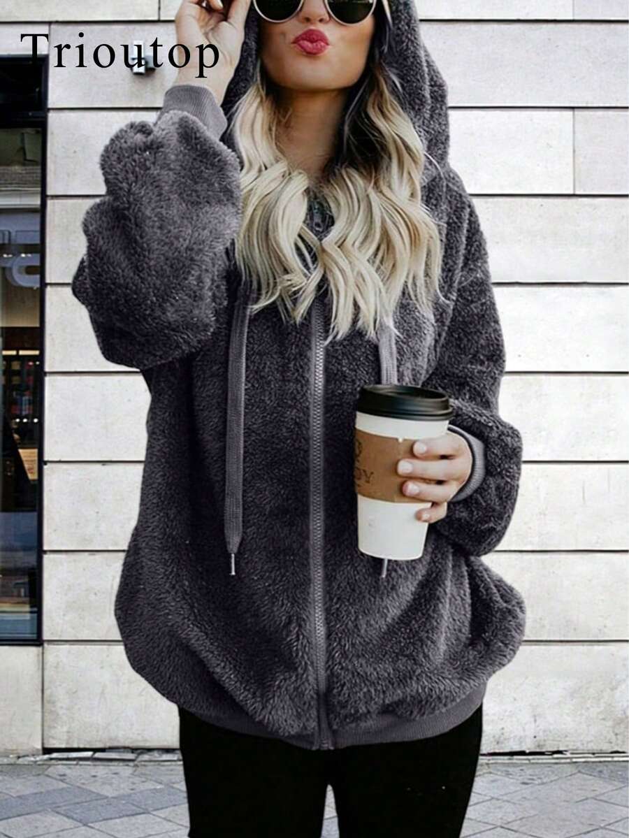 Trioutop Plus Size Solid Color Minimalist Casual Thermal Lined Hoodie Jacket - Grey - View 1