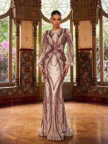 Faeriesty Women's Elegant Alluring Formal Party Maxi Dress, Sequin Patchwork Fishtail Hem Long Puff Sleeve Boat Neck Formal Gown, Suitable For Formal Parties, Galas And Celebrations - Burgundy - View 4