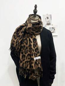 1pc Elegant Leopard Print Warm Narrow Scarf/Shawl, Cozy Animal Pattern, Winter - Khaki - View 10