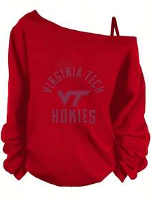 Summer Outfits For Women, Virginia Tech Graphic Print Off The Shoulder Long Sleeve Sweatshirt, Casual, Sporty, College Style-Club Outfits For Women, Going Out Tops, Holiday Party, Concert Outfit - Đỏ - Xem 1