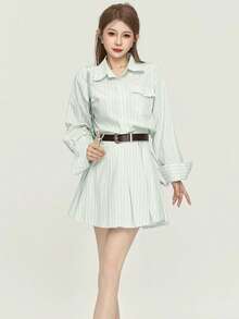 长袖条纹衬衫裙，优雅女装，春夏款 - 薄荷綠 - 查看 4
