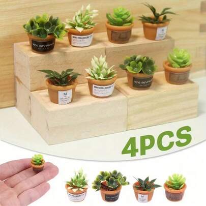 4盆迷你盆栽，逼真微缩装饰，1/12比例迷你盆栽 - DIY迷你花园/客厅装饰 - 家居装饰、房间装饰、桌面装饰、教室装饰、场景装饰、微缩景观装饰、派对装饰、仙女花园装饰、后院装饰、阳台装饰、家具装饰、婚礼装饰的完美礼物，也是生日、新年、情人节的绝佳礼物（款式随机）