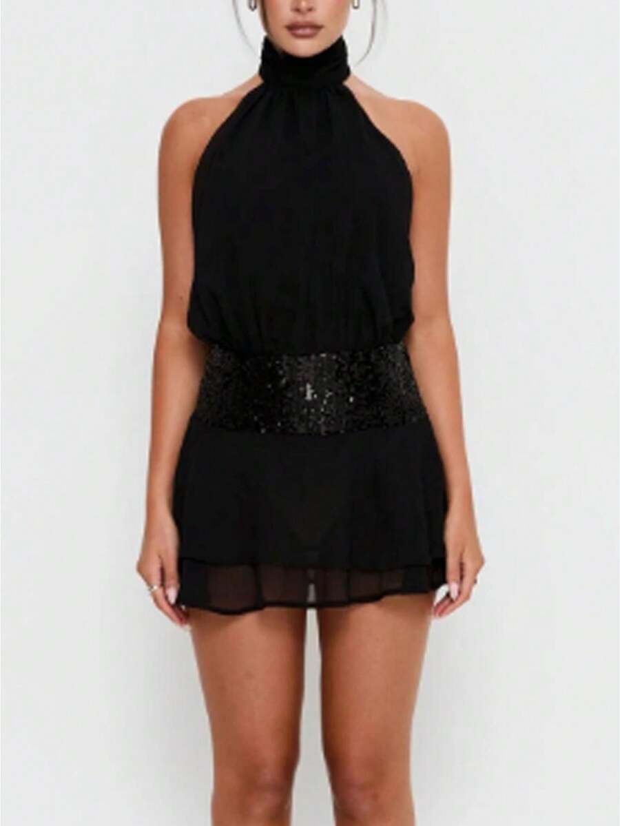 Women's Halter Neck Backless Dress Elegant Sleeveless Sequin Waistband Decorated Layered Dress For Cocktail Evening Wear - màu đen - Xem 1